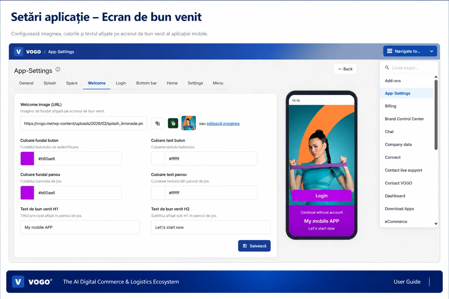 Setări aplicație — ecran de bun venit